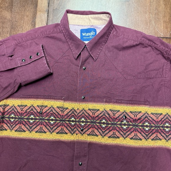 Wrangler Other - Vtg Wrangler Western Aztec Pearl Snap Maroon Long Sleeve 90s Cowboy Shirt Sz XL
